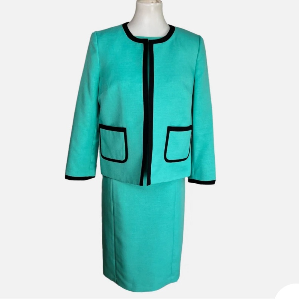 Evan Picone Black Label 2PC Aqua Green Polyester Dress Suit size 4